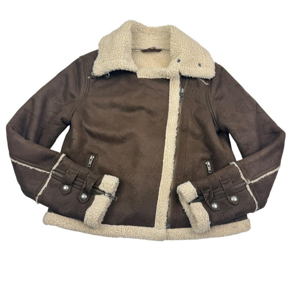 Free People Cropped Sherpa Vegan Suede Moto/Aviator Jacket/Coat Women's Size S